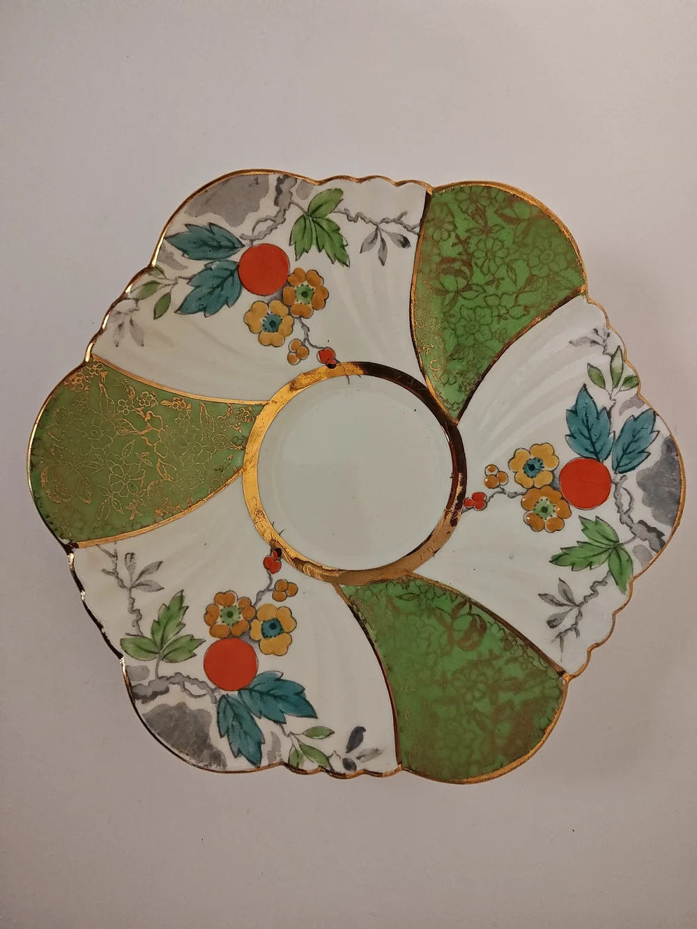 Decorative Green, Orange, & Gold Floral Porcelain Teacup & Saucer, c.1912-1959